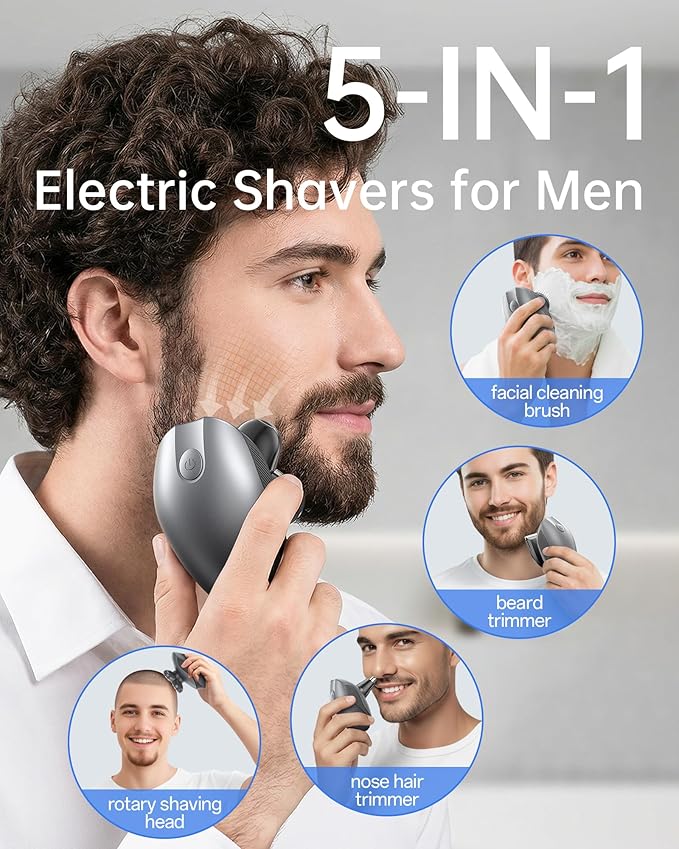 Electric Razor for Men, 5-in-1 Multi-Function Electric Shavers for Men, IPX7 Waterproof Bald Head Shaver with LED Display, Rechargeable Beard Trimmer Body Hair Trimmer, Ideal Gifts for Husband (Black)