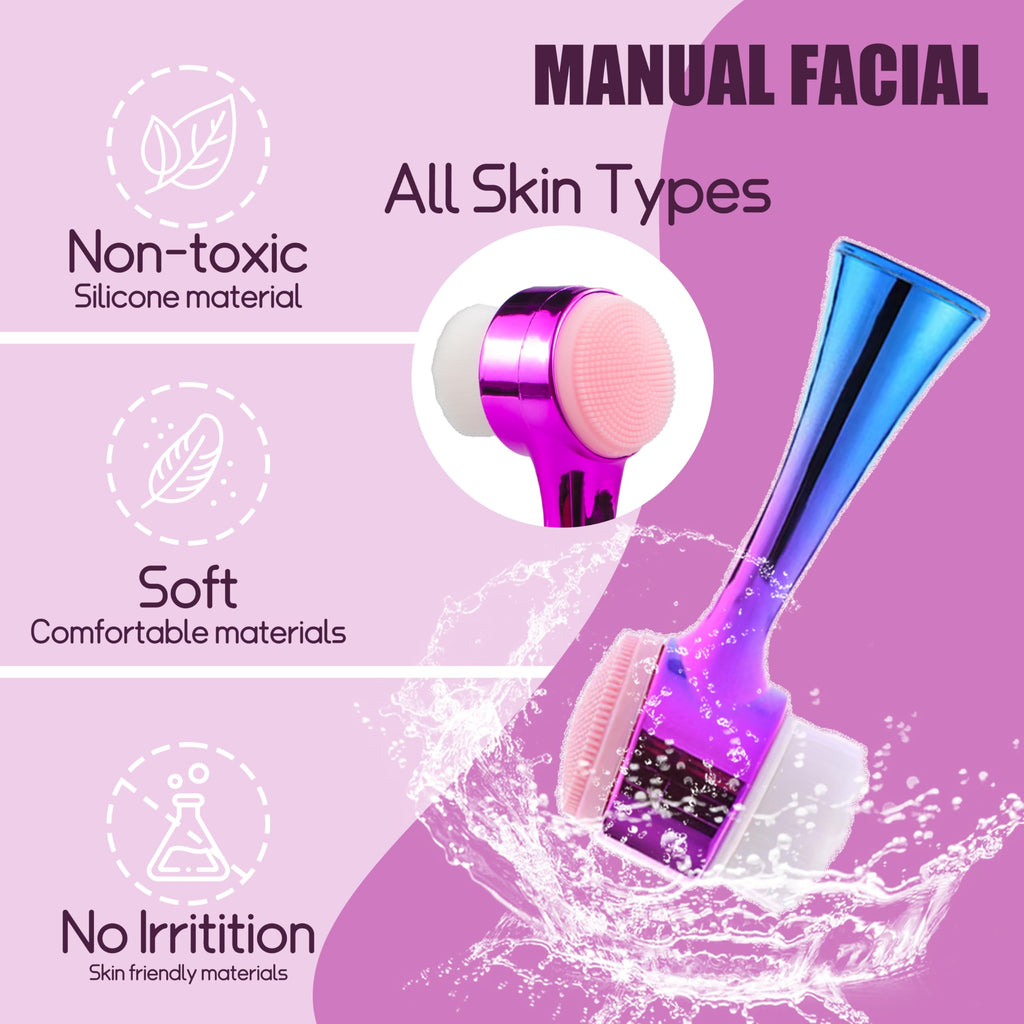 Facial Cleansing Brush 2 in 1Double-Sided Facial Cleaning Brush with Soft Bristles for Deep Pore Exfoliation, Wash Makeup, Massaging (Blue&Purple5PCS)