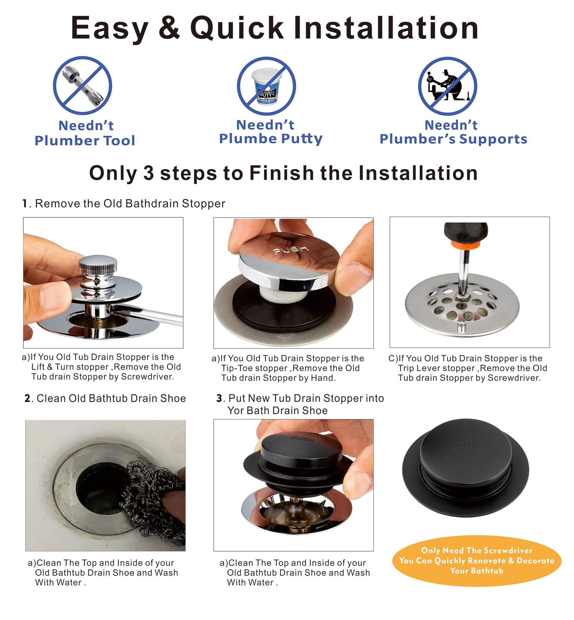 Artiwell Universal Tip Toe Bath Drain Stopper and Cover, Bathtub Drain Stopper, Replaces Lift and Turn, Tip-Toe and Trip Lever drains for Tub, EZ Installation and Clearing (MATT Black)