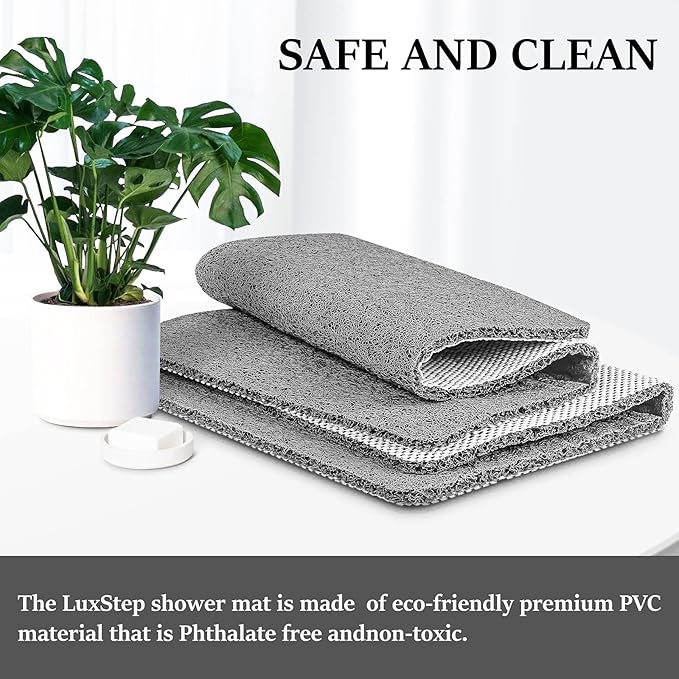 LuxStep Shower Mat Bathtub Mat,36x16 inch, Non-Slip Bath Mat with Drain, Quick Drying PVC Loofah Bathmat for Tub,Shower,Bathroom (Phthalate Free,Grey)