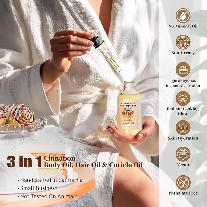 Soothing House Cinnabon Body Oil - Moisturizing Body Oil for Soft, Smooth, Radiant Glowing Skin (4 fl oz)