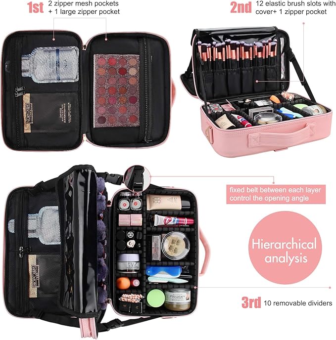 Relavel Makeup Bag Travel Makeup Train Case 13 inches Large Cosmetic Case Professional Portable Makeup Brush Holder Organizer and Storage with Adjustable Dividers and Shoulder Strap (Pink)