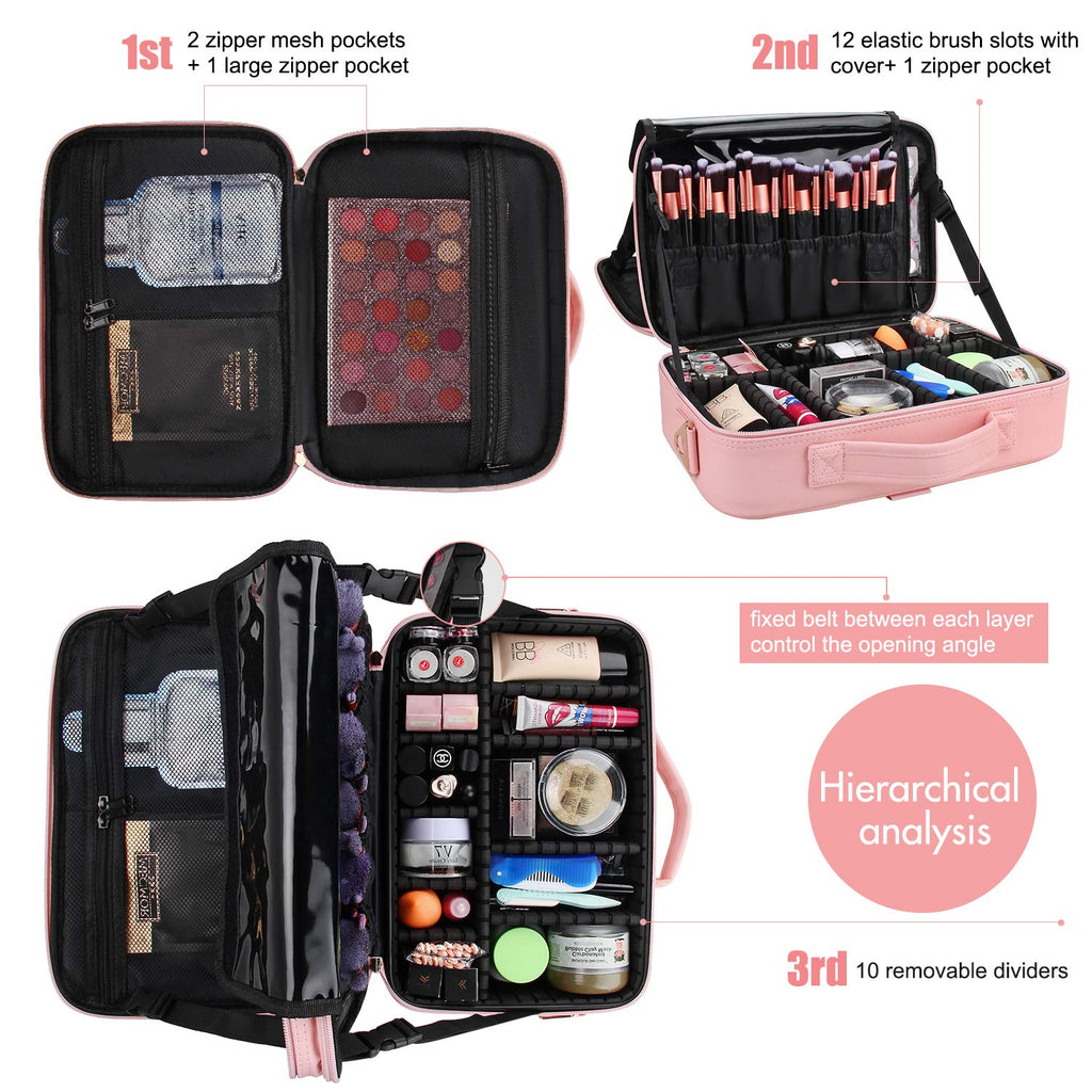 Relavel Makeup Bag Travel Makeup Train Case 13 inches Large Cosmetic Case Professional Portable Makeup Brush Holder Organizer and Storage with Adjustable Dividers and Shoulder Strap (Pink)