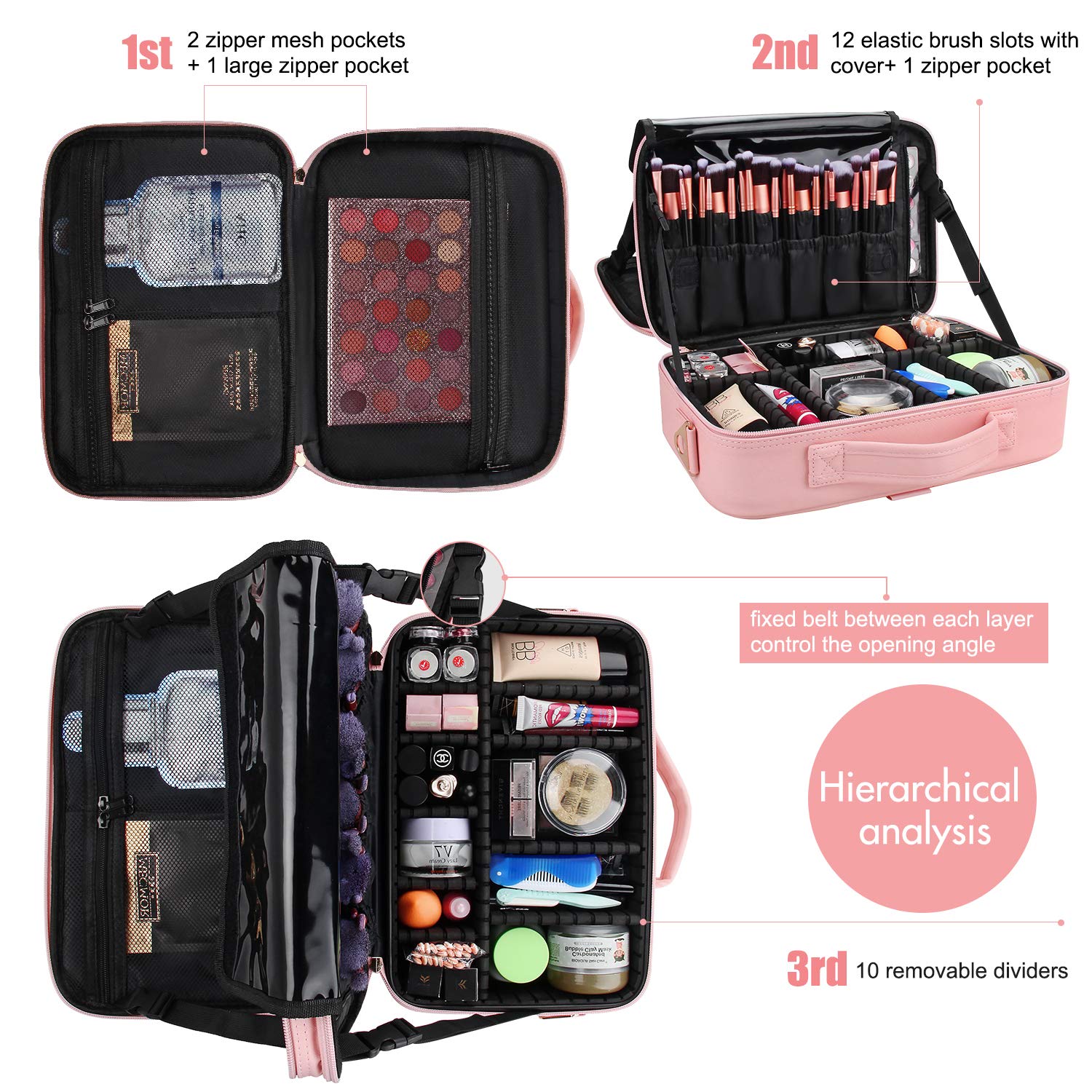Relavel Makeup Bag Travel Makeup Train Case 13 inches Large Cosmetic Case Professional Portable Makeup Brush Holder Organizer and Storage with Adjustable Dividers and Shoulder Strap (Pink)