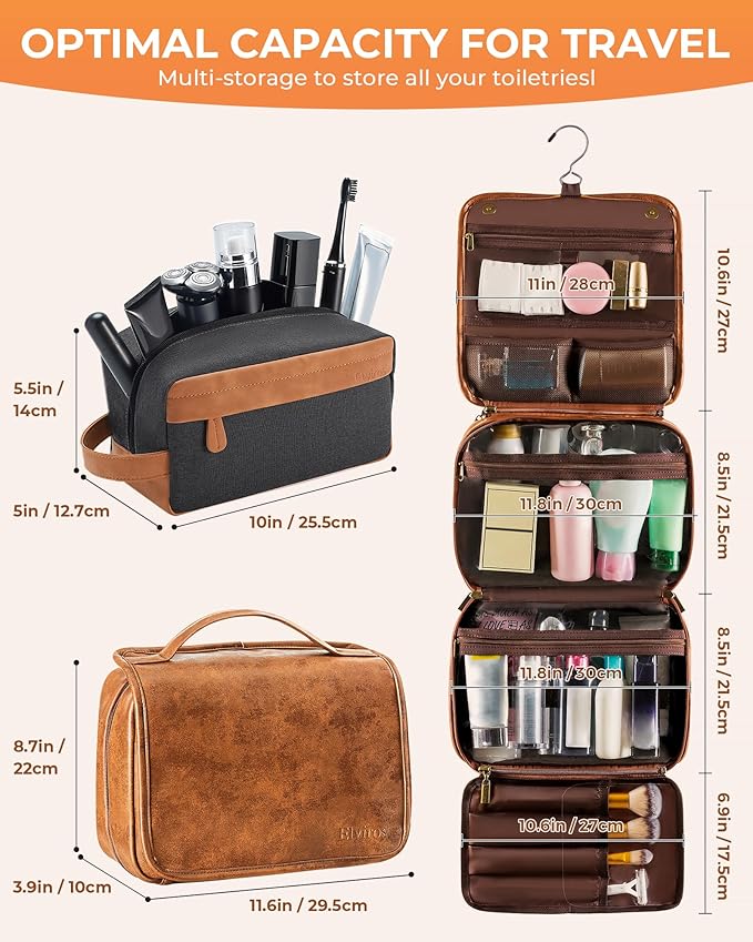 Elviros Hanging Travel Toiletry Bag Gift for Men，Mens Toiletries Bag Gifts Set Shaving Dopp Kit Water-resistant Bathroom Toiletries Organizer PU Leather Cosmetic Bags 2 Pack