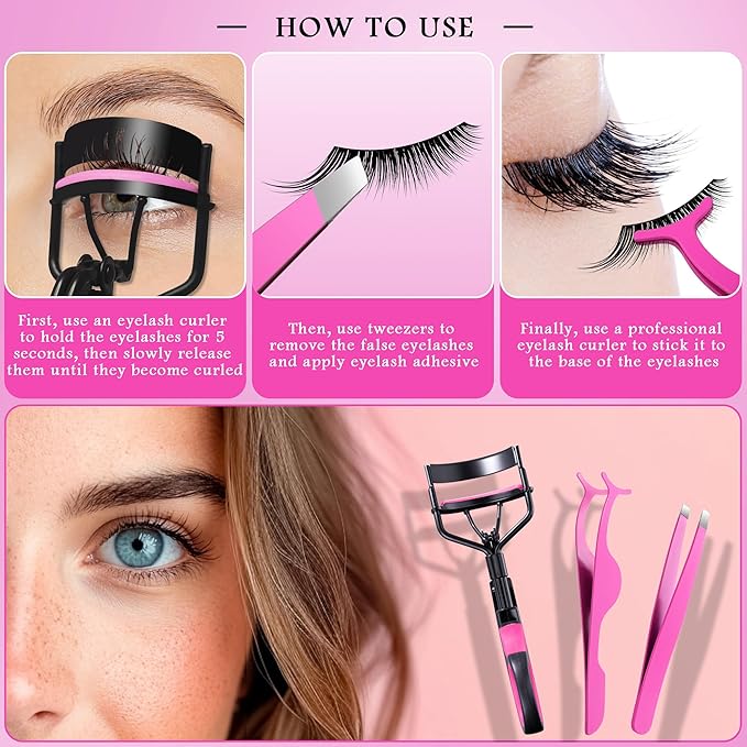 3-in-1 Professional Eyelash Curler Kit – Salon-Perfect Lashes at Home!Includes: Eyelash Curler (w/Replacement Pad), Eyebrow Tweezers & Curved Applicator Toolr – Travel-Friendly & Pain-Free (Red)