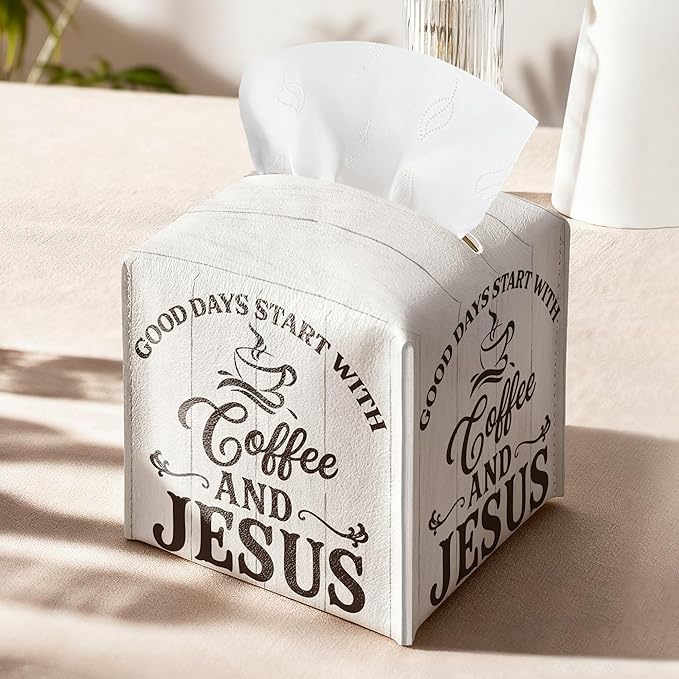 Coffee Bar Tissue Box Cover Square, Good Days Start with Coffee and Jesus Waterproof Leather Tissue Box Holder, Farmhouse Paper Facial Tissue Box Covers Cube for Office Home Cafe Station