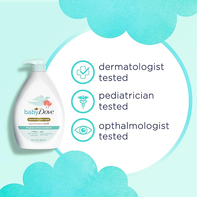 Baby Dove Sensitive Skin Care Baby Wash Fragrance Free Moisture For Baby Bath Time Fragrance Free and Hypoallergenic, Washes Away Bacteria 34 oz (Pack of 3)