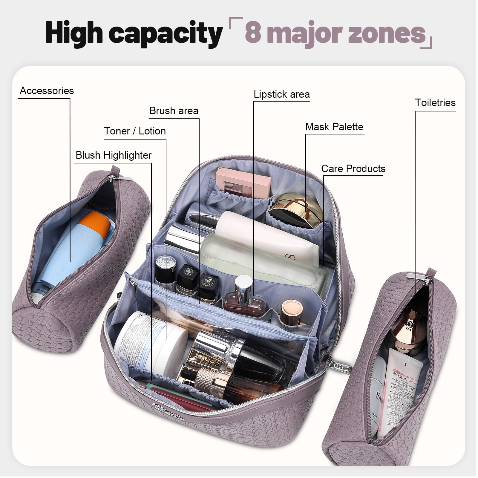 BOYATU Travel Makeup Bag Cosmetic Bags for Women: Large Capacity 3 Pcs Set Make up Bag with Compartments - Waterproof Vegan Leather Toiletry Organizer Bags with Handle (L55Light Purple)