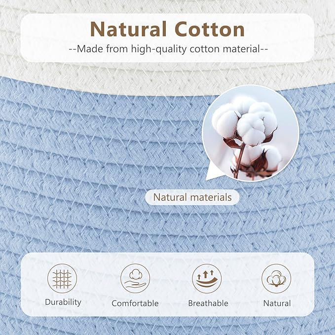Cotton Rope Storage Basket, 15x10x9 Inches, Woven Basket for Shelves, Clothes, Towels, Books, and Laundry, White Blue (3 Pack)