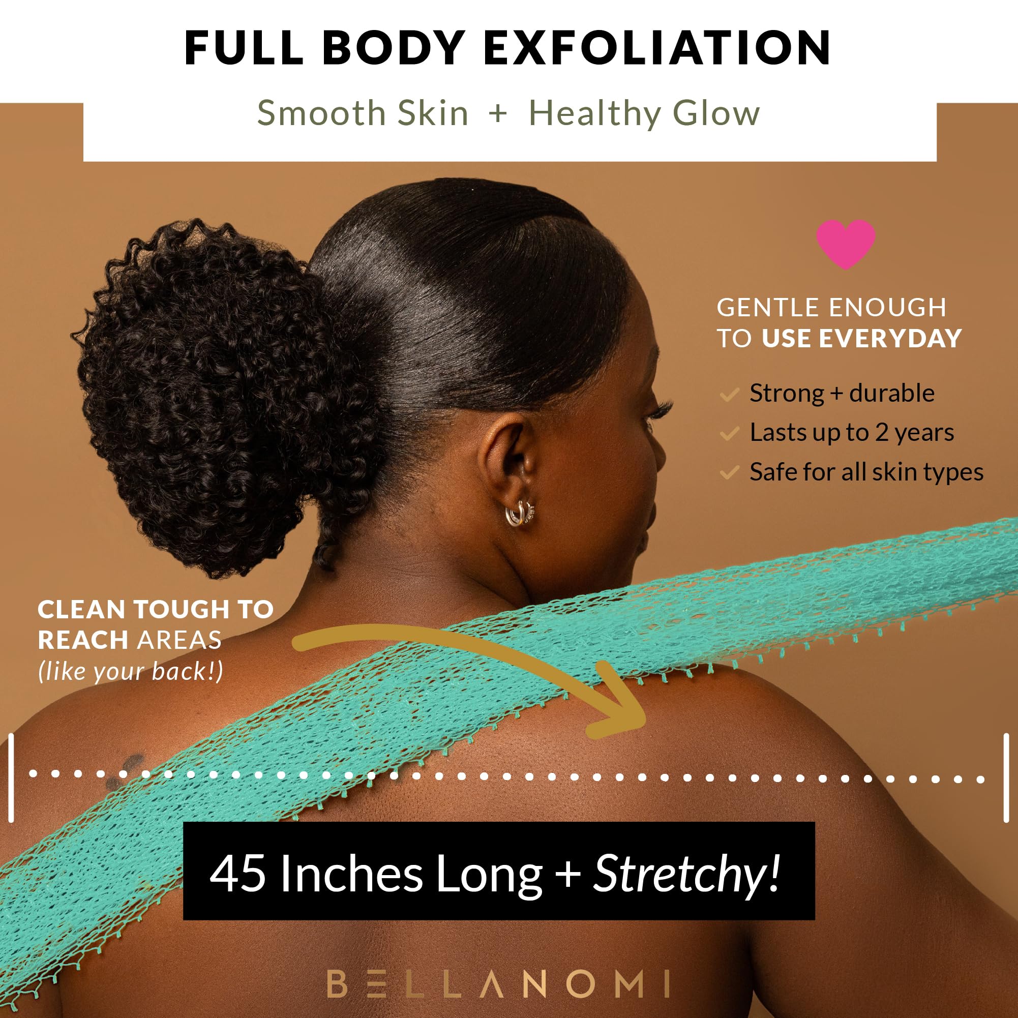 BELLANOMI African Exfoliating Net Sponge, Authentic, Ethically sourced from Nigeria, 45 inches Long, Back Scrubber for Daily use (Seafoam)