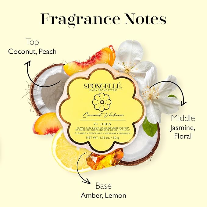 Spongellé Coconut Verbena Daisy Spongette Bath Sponge | Built-in Body Wash & Body Scrubber, Shower Loofah Sponge for Women, Travel Essentials | 7+ uses