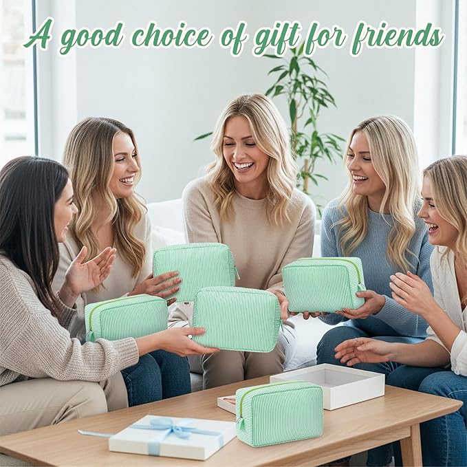 Sanwuta 6 Seersucker Cosmetic Bag Bulk Striped Makeup Bag for Women Aesthetic Cute Travel Toiletry Organizer Preppy Storage Pouch for Wedding Bridesmaid Mother's Day Teacher Gift (Large,Green)