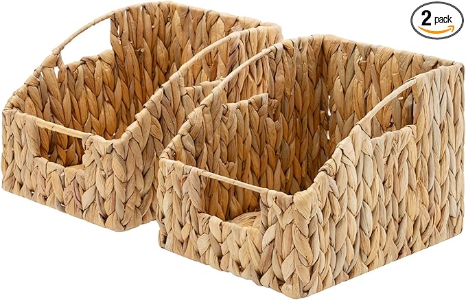 GRANNY SAYS Wicker Storage Baskets for Shelves, Trapezoid Woven Basket with Handles, Storage Wicker Baskets for Pantry, Water Hyacinth, 2-Pack