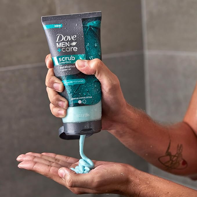 DOVE MEN + CARE Body and Face Scrub Eucalyptus Deeply Exfoliates for Hydrated & Nourished Skin 100% Gentle Cleanser, No Sulfate Cleansers or Parabens 9 oz (Pack of 4)