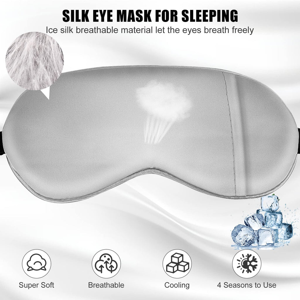 Cavoilu Sleep Mask w/ Cooling Gel Eye Mask, Silk Eye Mask for Sleeping, Hot & Cold Eye Masks, Blindfold Eye Cover Sleeping Mask for Home Office Travel, Yoga, Stocking Stuffers for Men Women (Grey)