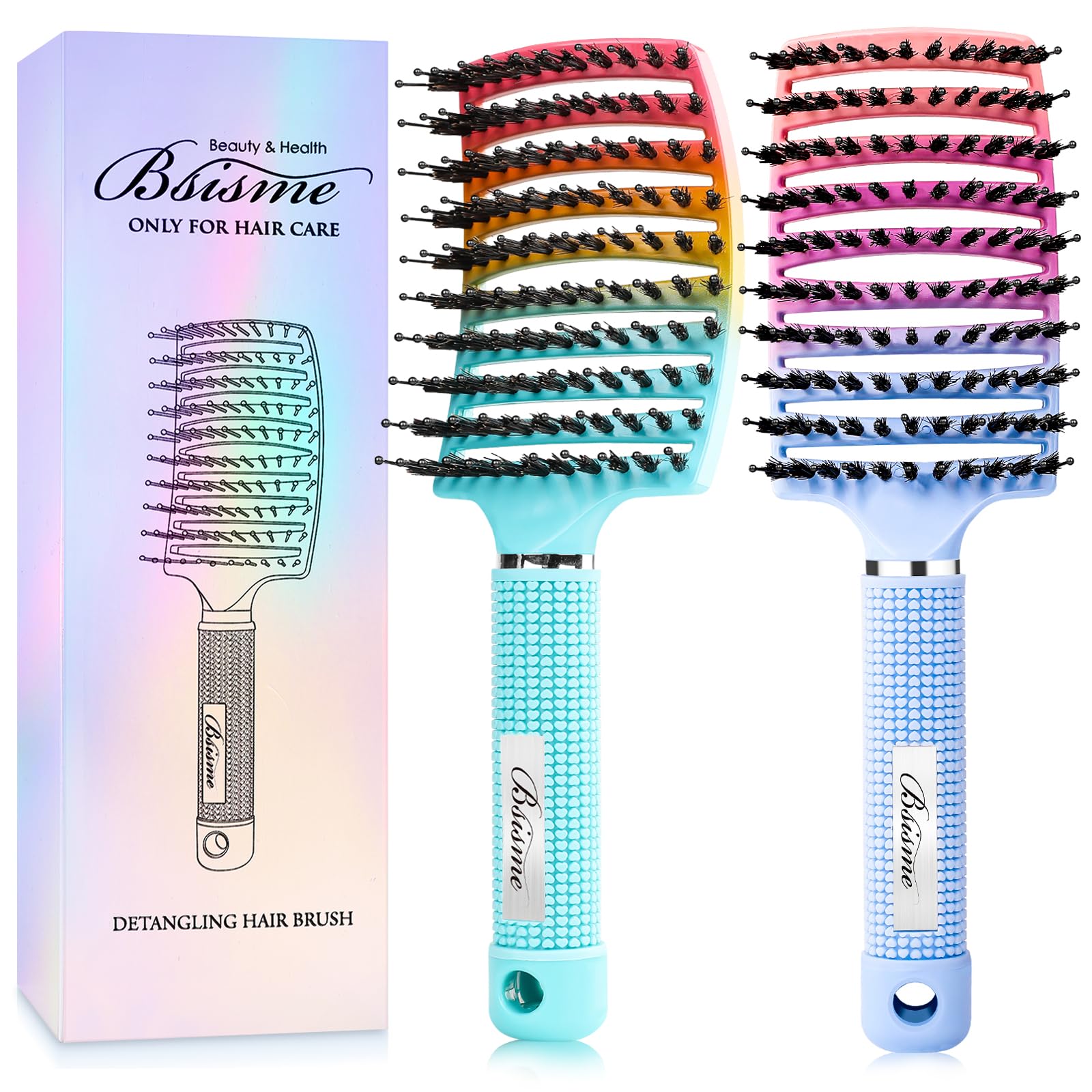 Boar Bristle Hair Brush, Curved Vented Detangler Brush Faster Blow Drying, Paddle Detangling Brush for Women Men Kids Wet Dry Long Curly Thick Straight Hair, Make Hair Shiny and Healthier(Green+Blue)