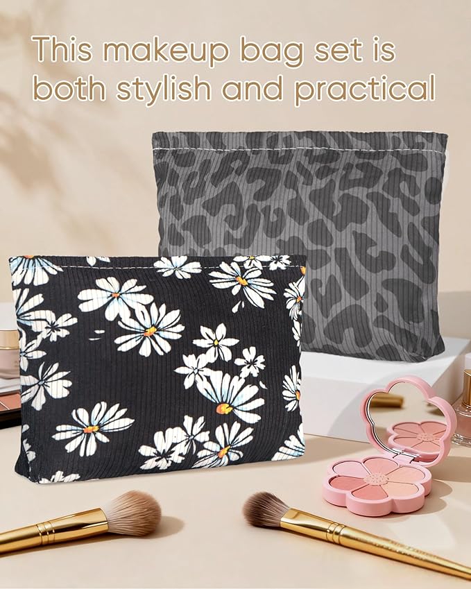 Ksriylm Cute Elegent Black Floral Flower Makeup Pouch for Women Small Make Up Bag for Purse Zipper Initial Makeup Cosmetic Bags Pouches for Purse Aesthetic Travel Toiletry Bags