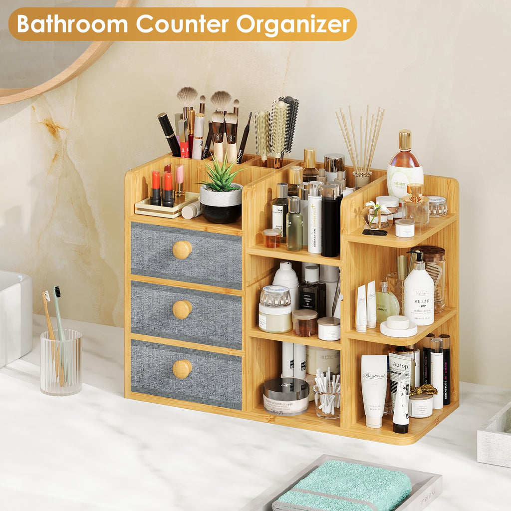 Large Makeup Organizer For Vanity, Large Capacity 3 Tiers Bamboo Bathroom Counter Organizers and Storage, Countertop Makeup Brush Holder, Nail Polish Perfume Stand with 3 Drawers and 10 Compartments