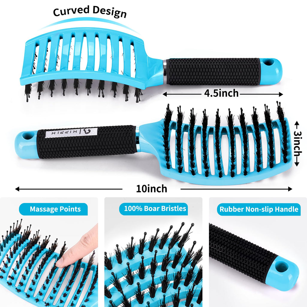 Boar Bristle Hair Brush Set of 2, HIPPIH Wet & Dry Hair Brushes Made by Fine Natural Boar Hair Can Adds Shine and Smoothing, Detangling Hairbrush for Women, Men & Kids' Long Curly Thick Hair
