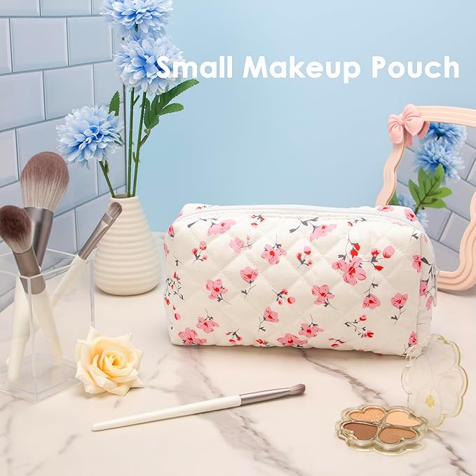PAZIMIIK Small Quilted Makeup Bag,Zipper Cosmetic Pouch,Myrtle Pink