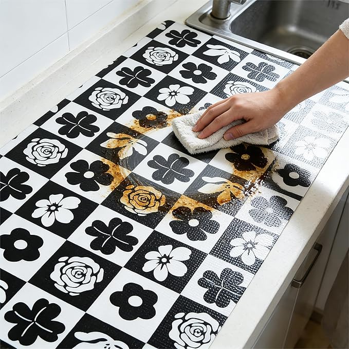 Drawer and Shelf Liner for Kitchen Cabinet,Non Adhesive Anti-Slip Double Layer PVC Waterproof Easy Clean for Dresser Bathroom Refrigerator with Knife Tape Measure(12 in X 10 Ft Black & White Flowers)
