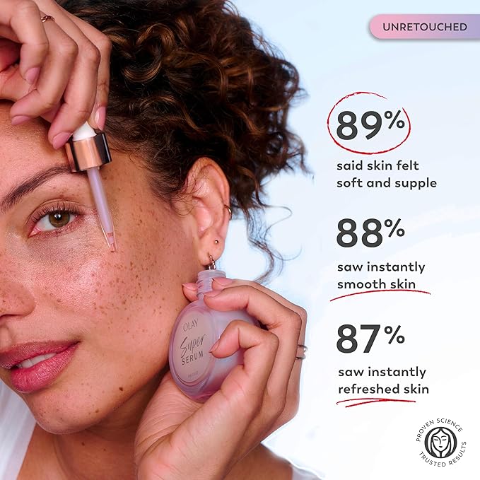 Olay Super Serum Trial Size - Niacinamide, Vitamin C & E, Collagen Peptide, AHA - 5-in-1 Skin Care Benefits - Healthy Glow, Brightening, Hydrating, Smoothing, Firming, Evens Tone, Anti-Aging, 0.4 Oz