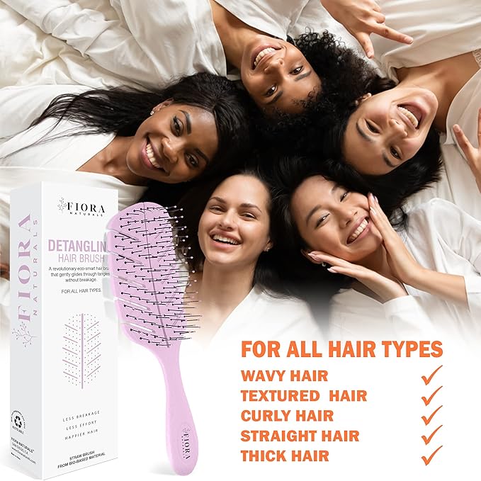 Detangler Brush by Fiora Naturals - 100% Bio-Friendly Detangling brush w/Ultra-Soft Bristles - Glide Through Tangles with Ease - For Curly, Fine, Black Natural, Women, Men, Kids - Dry and Wet Hair