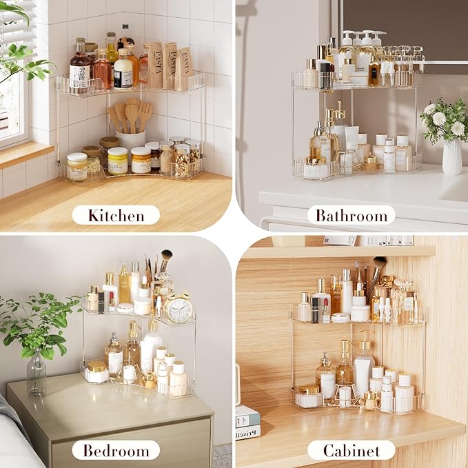 2-Tier Corner Bathroom Counter Organizer, Large Makeup Organizer For Vanity, Skincare Perfume Organizers For Women Or Men, Exquisite Corner Shelf For Bathrooms, Kitchens, Or Bedroom, (Clear, 2 Tier)