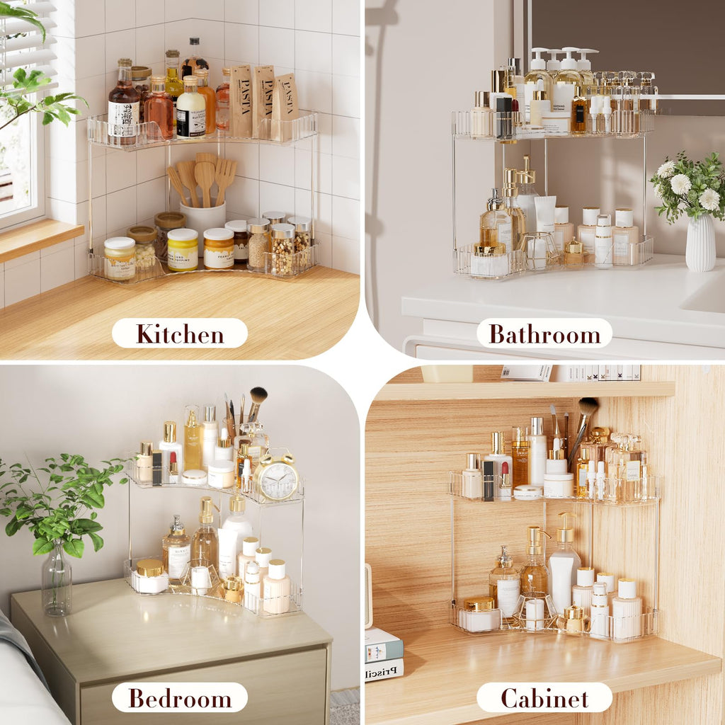 2-Tier Corner Bathroom Counter Organizer, Large Makeup Organizer For Vanity, Skincare Perfume Organizers For Women Or Men, Exquisite Corner Shelf For Bathrooms, Kitchens, Or Bedroom, (Clear, 2 Tier)