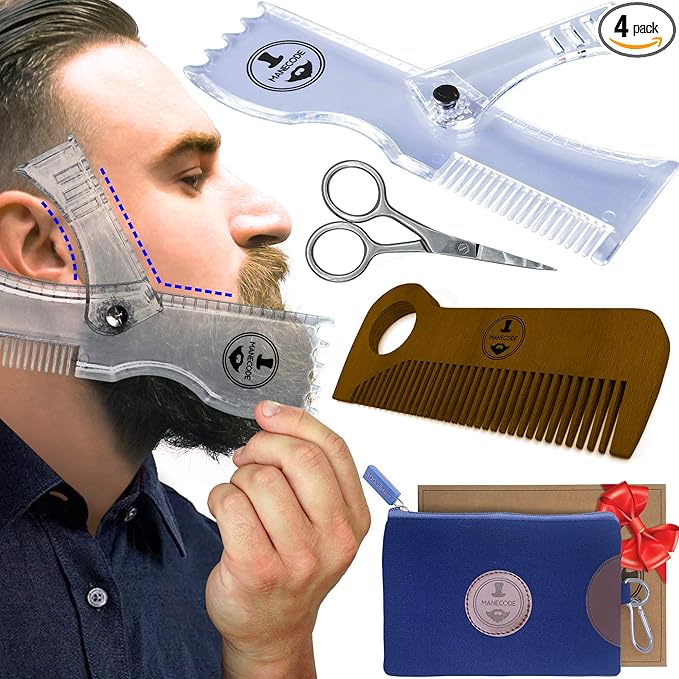 Manecode Beard Shaping Kit - Grooming Tools for Men - Adjustable Lineup Template, Premium Wooden Comb, Laser Sharpening Scissors, All in Hygiene Travel Case
