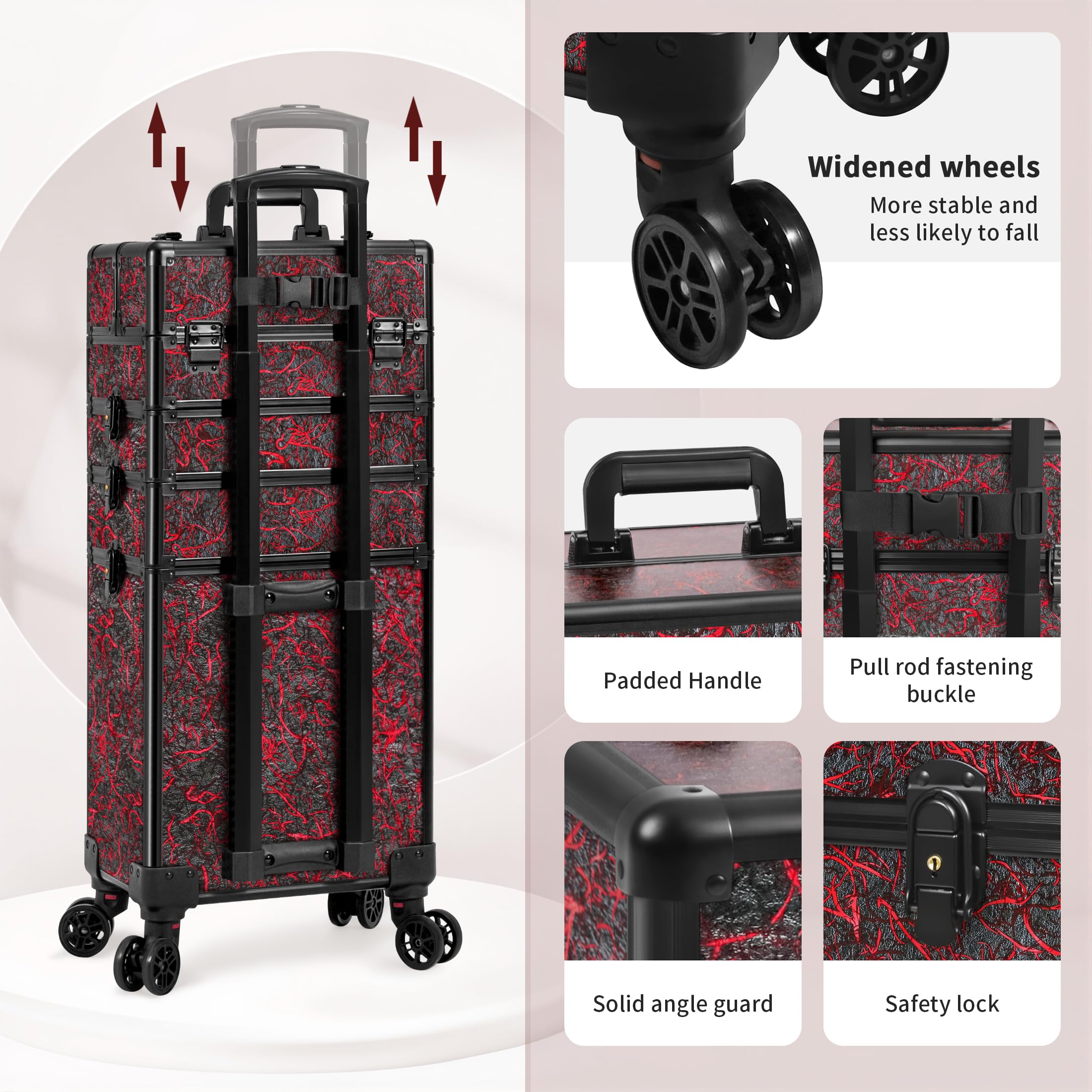 JINGUAN Professional Rolling Makeup Train Case with Lid, 5 in 1 Cosmetology Case on Wheels, Large Cosmetic Trolley Organizer Travel for Hairstylist Artist Nail Beauty Salon Barber, Red