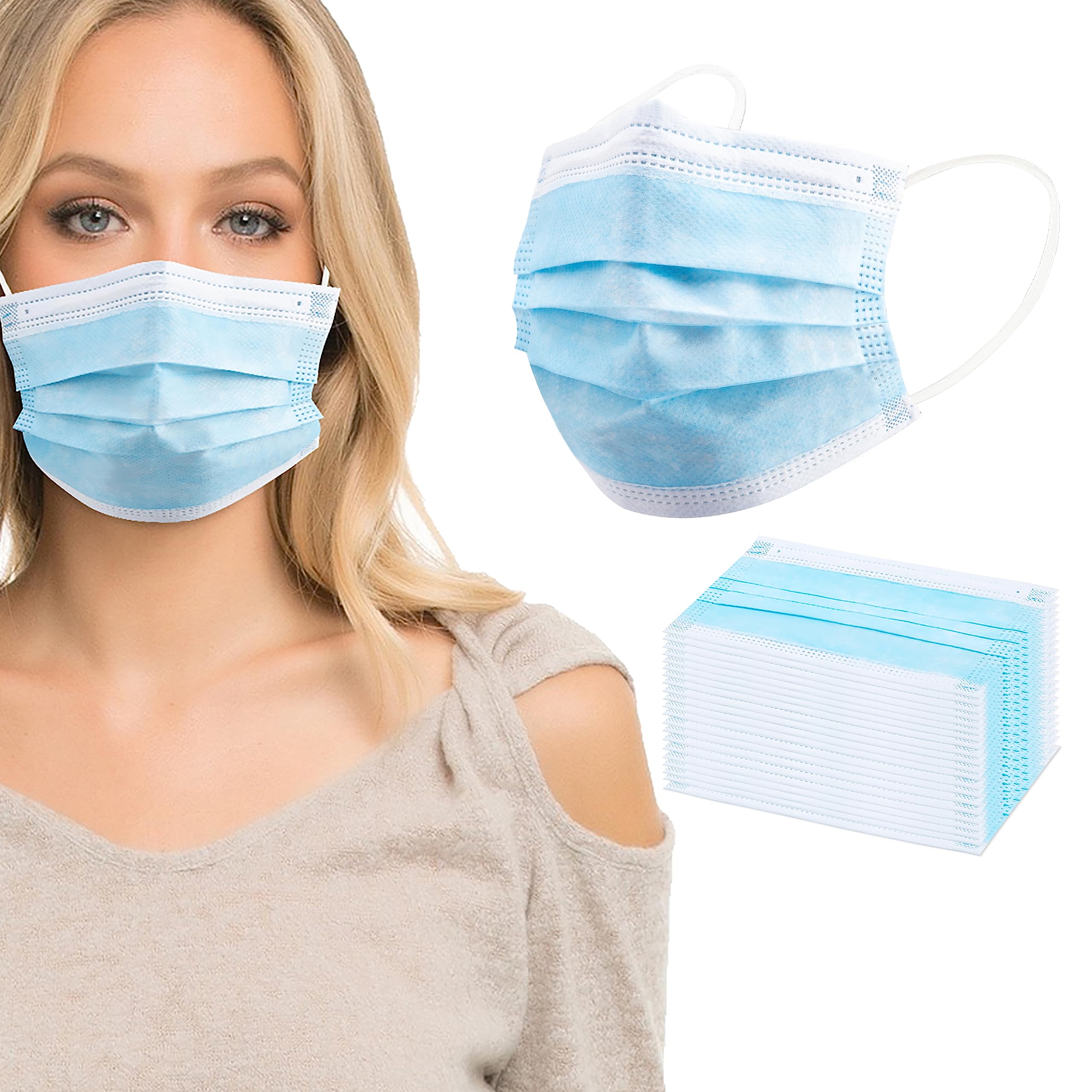 akgk Disposable Face Masks 100Pcs, Blue Face Mask, 3 Ply Disposable Mask