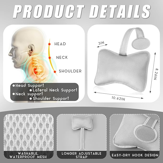 2 Pcs Hot Tub Spa Pillows for Outdoor Indoor Inflatable Bathtub 10.62 x 8.26 Inch Universal Hot Tub Accessories Patio Lounge Chair Headrest Neck Support with Adjustable Hook for Spa Bathtub (Grey)