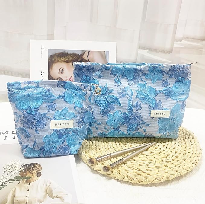 getgto 2 Pcs Makeup Bags, Large Cosmetic Bag Travel Toiletry Bag Organizer for Women, Embroidery Craft, Floral Makeup Bag Small Cosmetic Pouch Purse with Zipper Gifts for Girls Teen