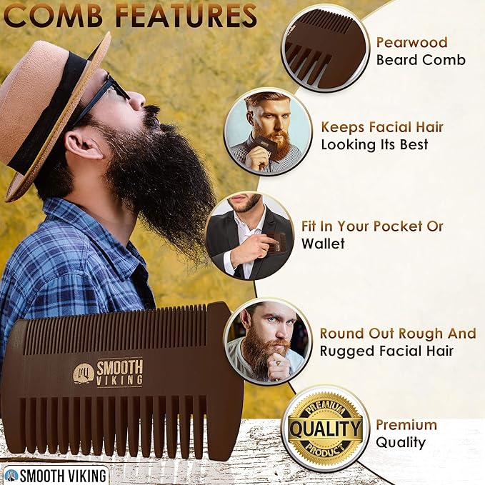 Smooth Viking Beard Brush for Men & Beard Comb Set - Beard Kit for Men with Natural Boar Bristle Barber Brush & Wooden Comb, Facial Hair Grooming & Shaping Tool Gift Set for Hair Products - Brown