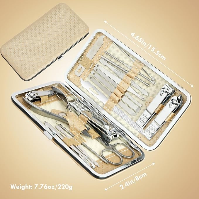 Manicure Set - 19 in 1 Professional Nail Clippers Pedicure Kit, Manicure Tool Kit, Stainless Steel Facial Grooming Set Kit, Gift Idea for Women, Men, Girls, Teens, Beige