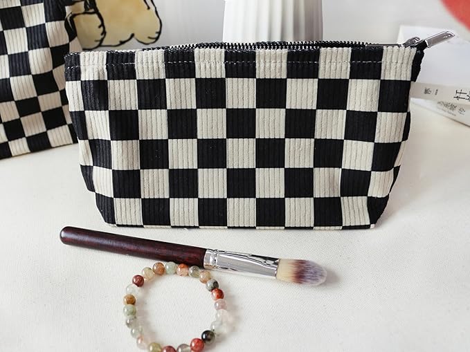 HAPPYHEIDI Checkered Corduroy Makeup Bag Set 3 Women Cosmetic Toiletry Travel Pouch Purse Accessory Organizer, 3-Size, Vintage Black Tan-White