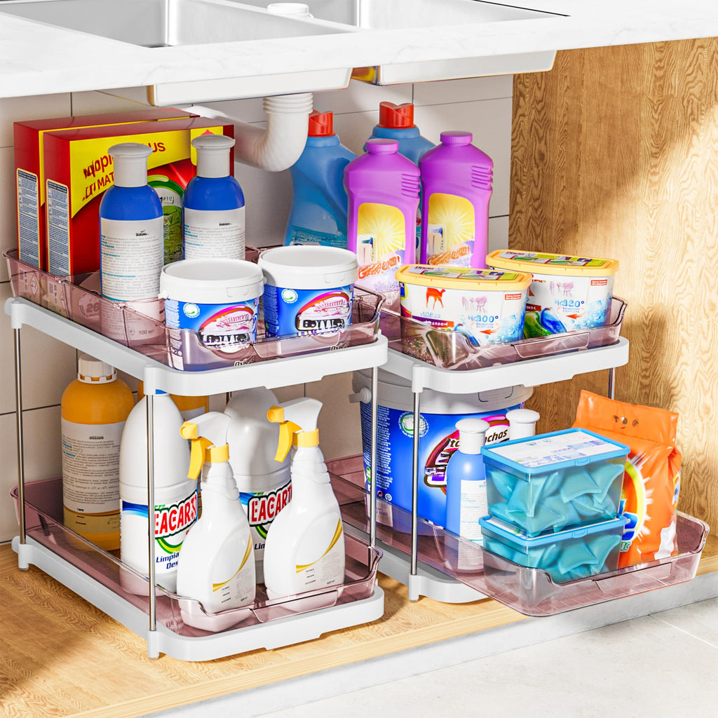Delamu 2-Tier Multi-Purpose Bathroom Under Sink Organizers and Storage, Stackable Kitchen Pantry Organization, Pull Out Medicine Cabinet Organizer with Movable Dividers, Light Pink, 2 Pack