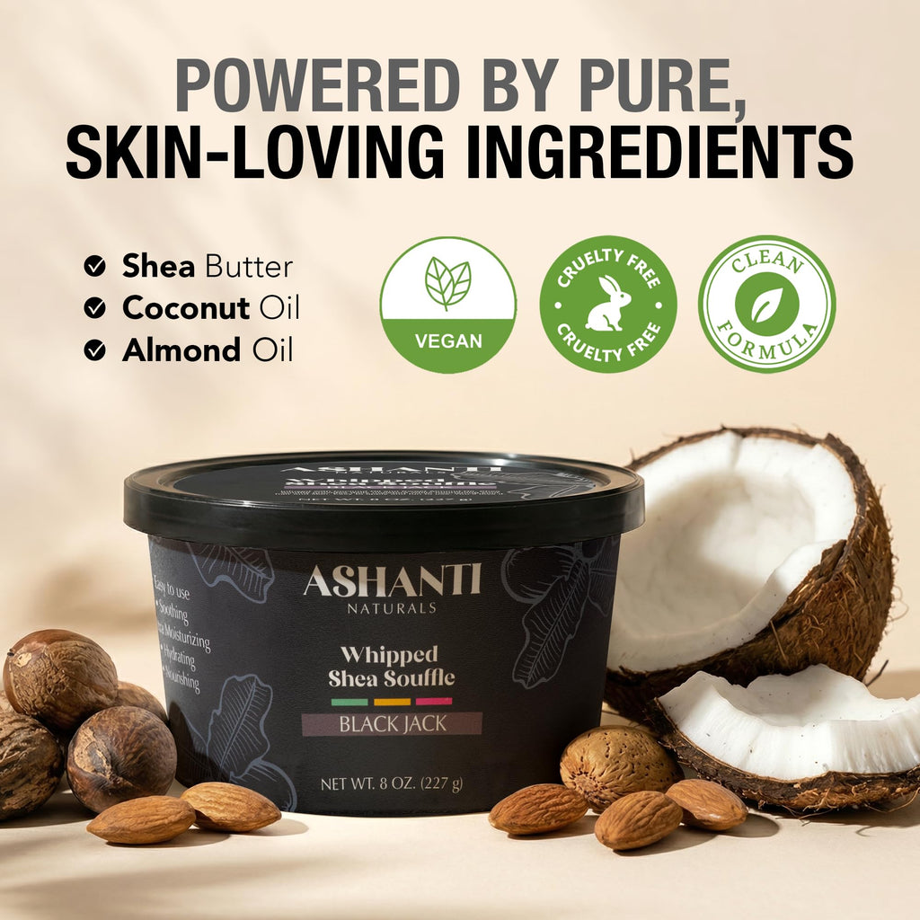 Ashanti Naturals Scented Whipped Shea Butter | African Body Butter for Men w/Coconut and Almond Oil (Blackjack Souffle, 8 oz)