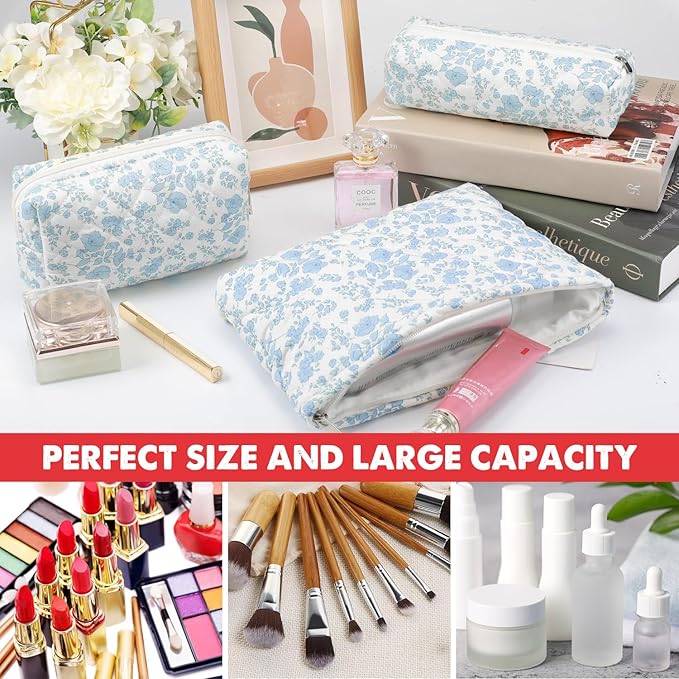 Gocvo 3 Pcs Makeup Bag Cosmetic Bag Set for Girls Women Checkered Travel Organizer Bathroom Toiletry Pouch Large Capacity Storage Bag(Blue Flower)