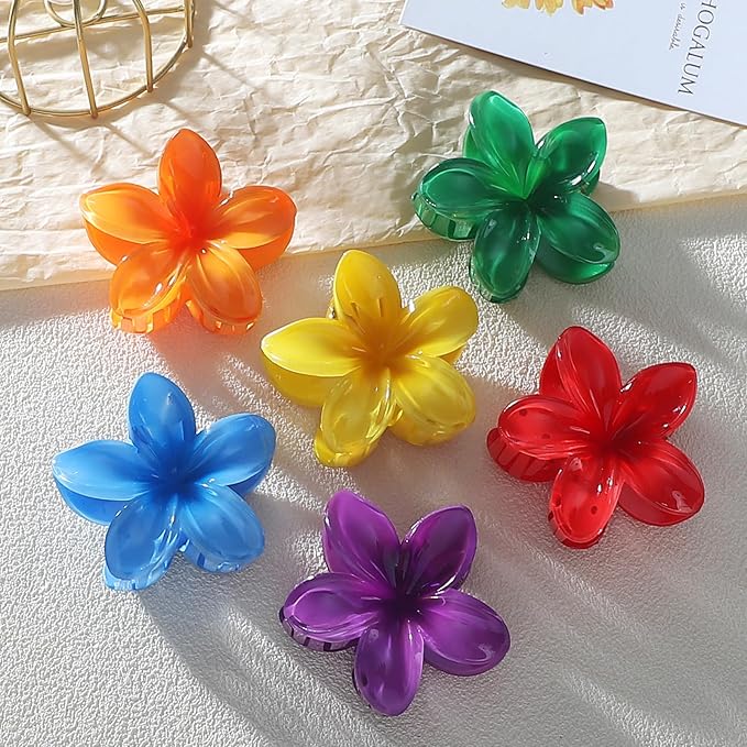 Sisiaipu Flower Hair Clips for Women 6 Pcs Hawaiian Large Claw Clips Plumeria Medium Hair Claw Clips for Thick Thin Hair Hibiscus Tropical Beach Hair Accessories for Women Girls and Girls-Dark Color