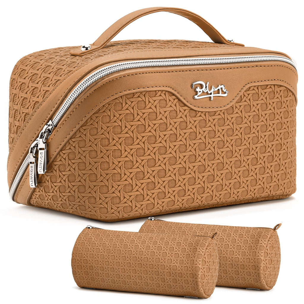 BOYATU Travel Makeup Bag Cosmetic Bags for Women: Large Capacity 3 Pcs Set Make up Bag with Compartments - Waterproof Vegan Leather Toiletry Organizer Bags with Handle (M-74Yellow Brown)