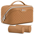 BOYATU Travel Makeup Bag Cosmetic Bags for Women: Large Capacity 3 Pcs Set Make up Bag with Compartments - Waterproof Vegan Leather Toiletry Organizer Bags with Handle (M-74Yellow Brown)