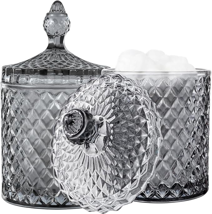 2 Pack Qtip Holder Apothecary Jars with Lid, Thick Glass, Large Gray