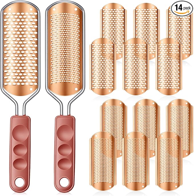Moxweyeni 14 Pack Colossal Foot File Pedicure Tool Set with 2 Style Large and Small Hole Replacement Callus Remover Blades Rose Gold Stainless Steel Detachable Pedicure Foot Rasp for Dead Skin Remover
