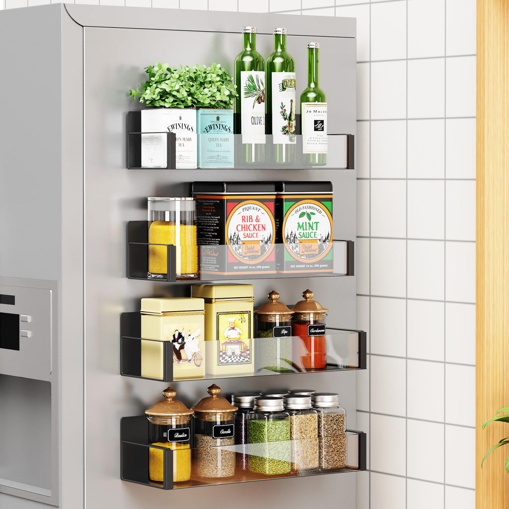 Vetacsion 4 Pack Moveable Fridge Magnetic Spice Racks,Metal (Clear)