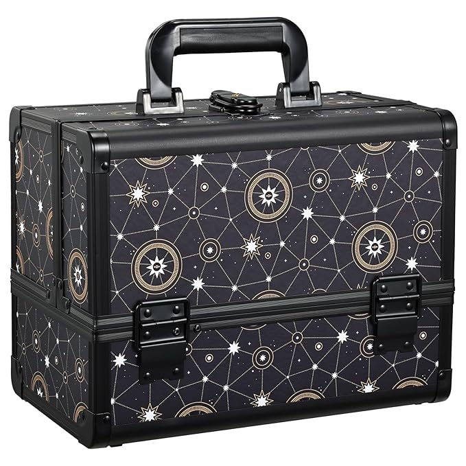 Joligrace Galaxy Printed Makeup Train Case, 3-Tier Makeup Storage Box, Portable Makeup Organizer, Hard Makeup Case with Mirror and Lock, Professional Makeup Case for Women