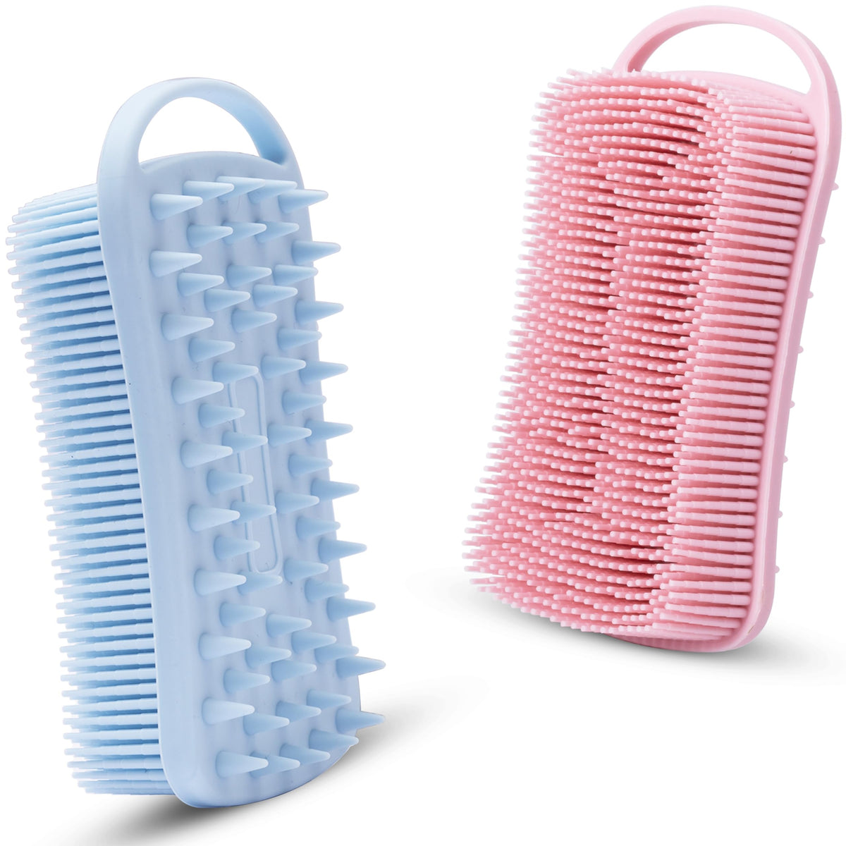 MtBoi 2 PC Silicone Body Scrubber, 2 in 1 Exfoliating Shower Bath Scrubber, Soft Silicone Loofah for Sensitive Skin, Shower Hair Scalp Massager, Easy to Clean, Lather Well (Blue&Black)