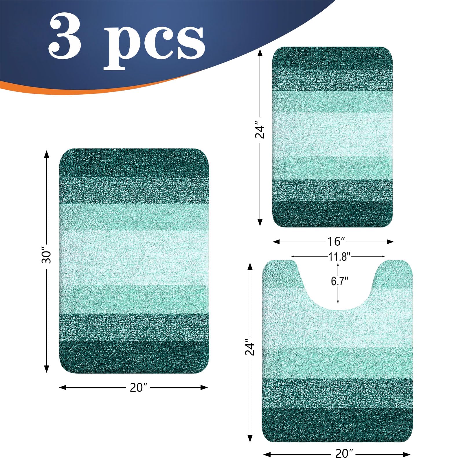 OLANLY Microfiber Bathroom Rugs Sets 3 Piece, 30"x20"+24"x16"+24"x20"